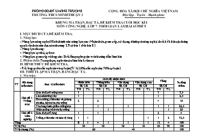Đề kiểm tra cuối học kì I môn Công nghệ Lớp 7 - Trường THCS Minh Thuận 3 (Có đáp án)